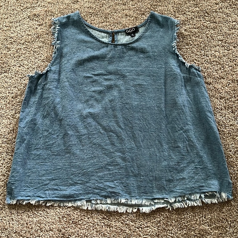 Boutique Denim Frayed Sleeveless Top